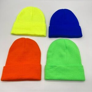 Colorful Beanie Set of 4-Neon Yellow, Blue, Orange, Green-Lined to Protect Hair